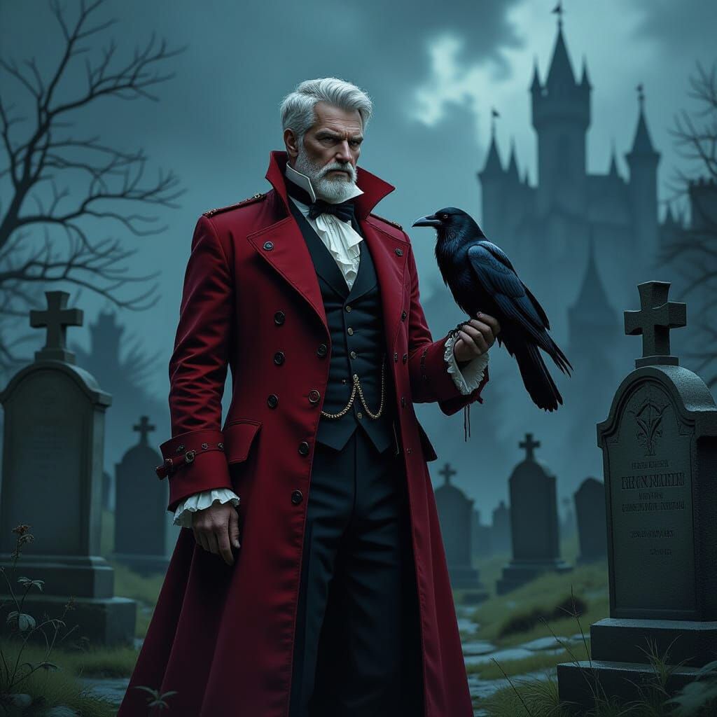 old man, short grey hair, victorian clothes, long red coat, holding black raven bird, standing in graveyard, grave stones, castle, storm, ni...