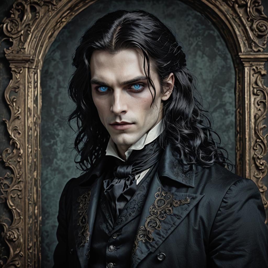 Young handsome charismatic pale man with very long wavy blac...