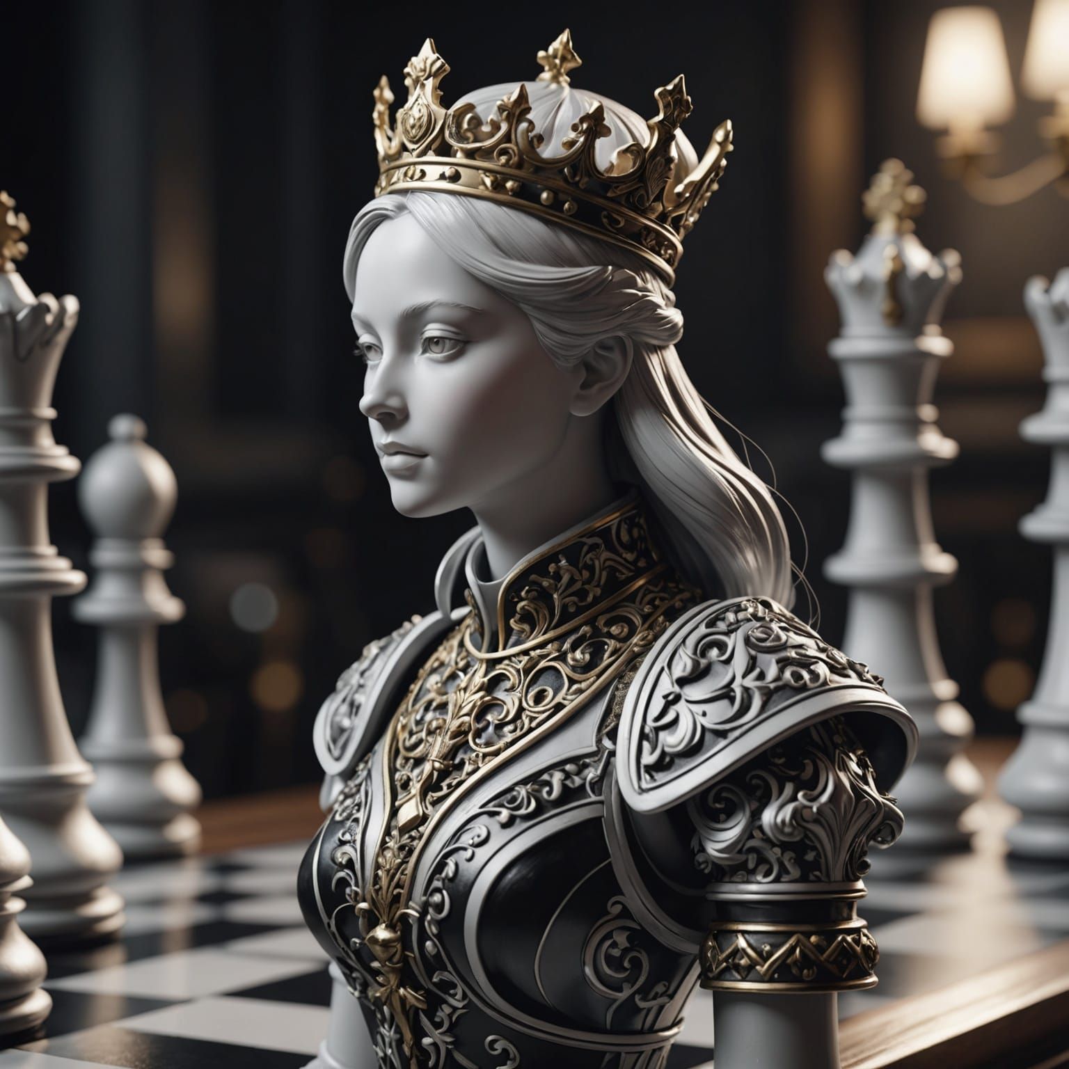 close up of chess queen ornate chess piece on endless black and white chess board.  In warm light  by @Misi03