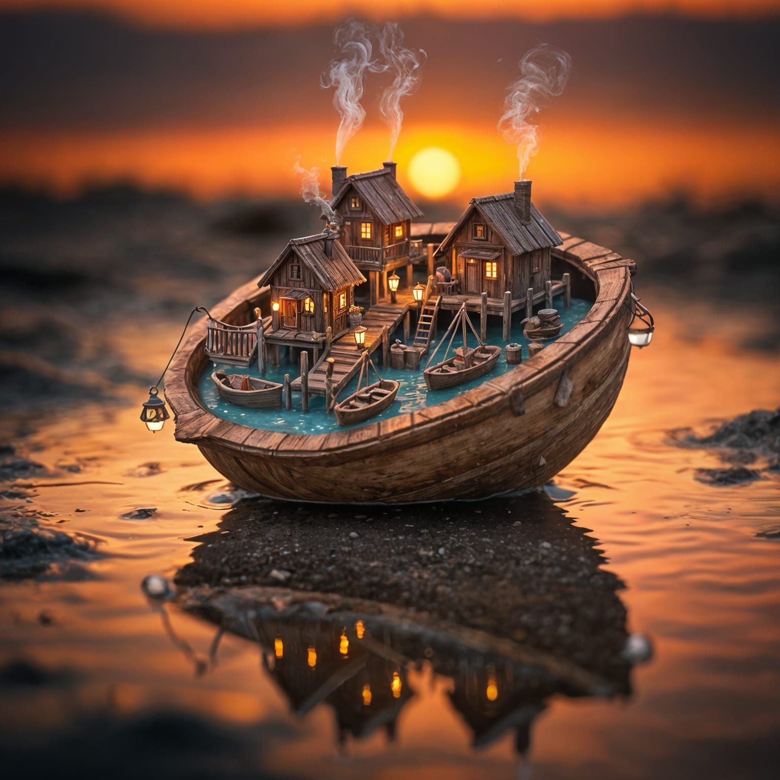 A stunning hyper-realistic macro photograph of an intricate miniature fishing village built entirely inside an open walnut shell halve. Tiny...