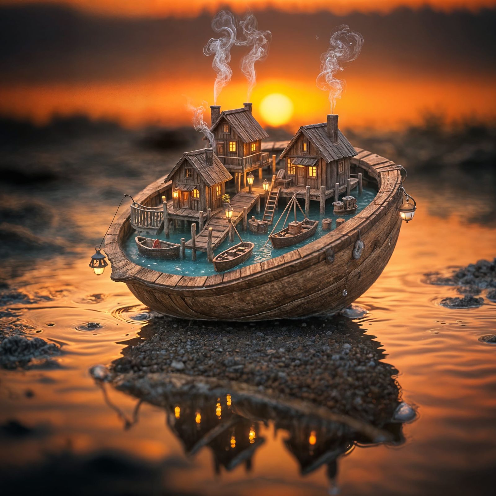 A stunning hyper-realistic macro photograph of an intricate miniature fishing village built entirely ...  by @Artimagine