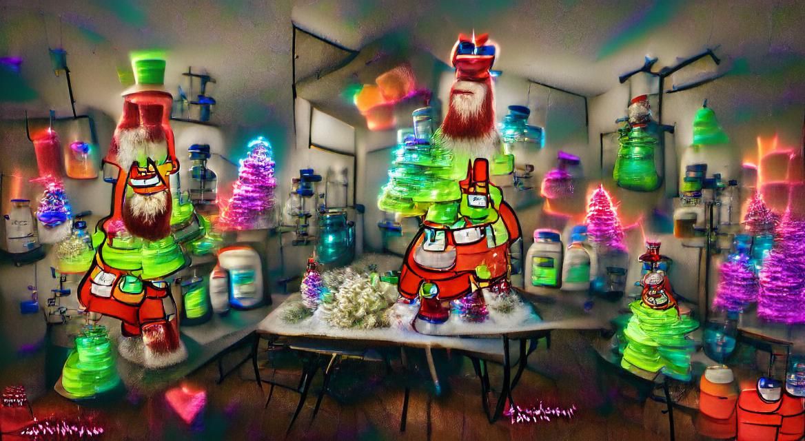 "Cartoon Christmas tree" dressed like Santa-clause in his la...
