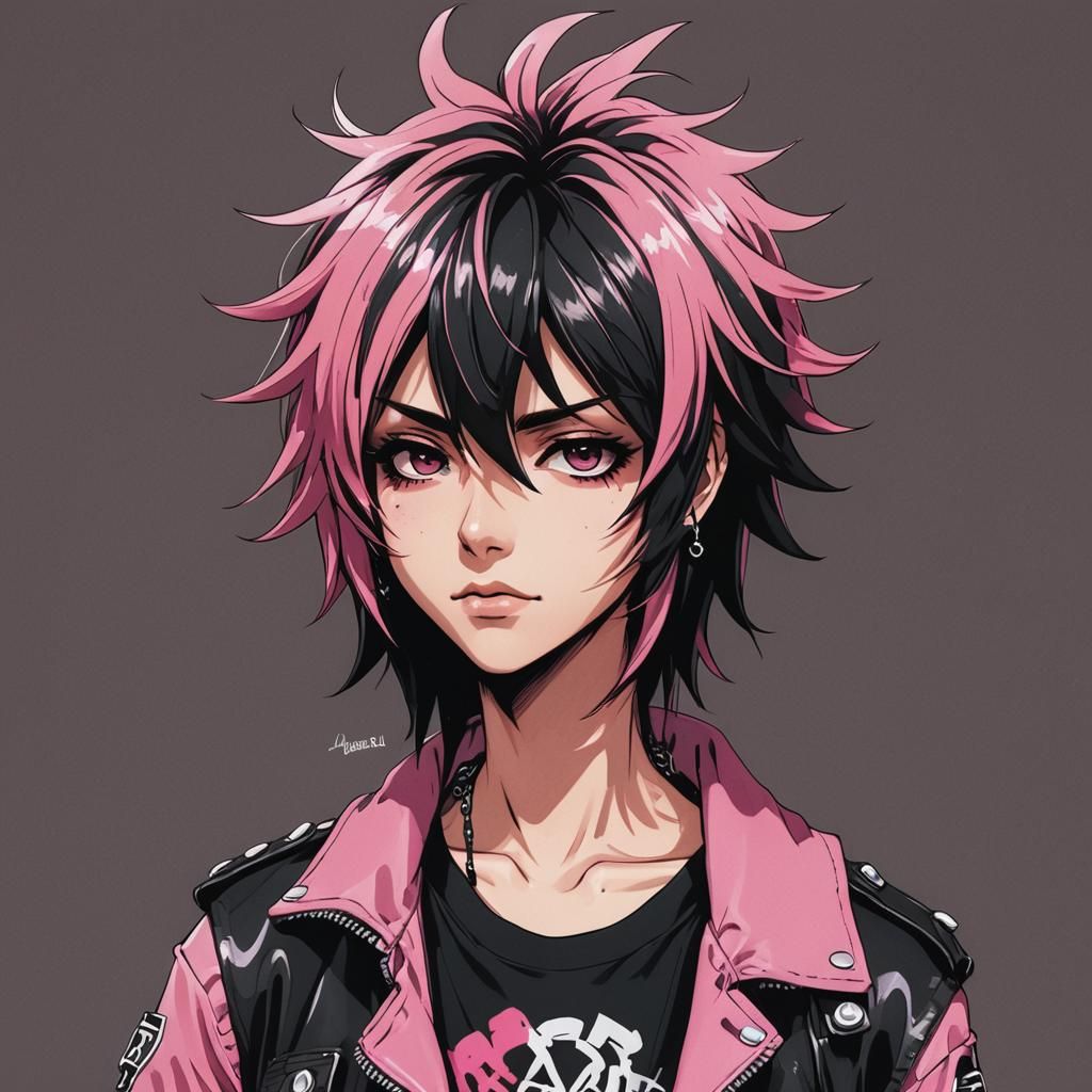 2000s androgynous rocker shaggy hair emo black and pink