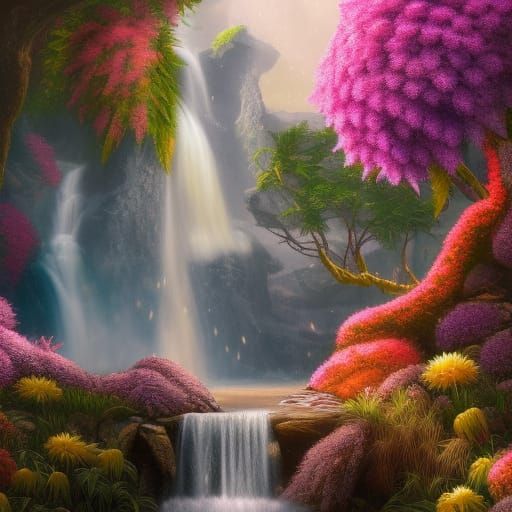 waterfall with dahlia's