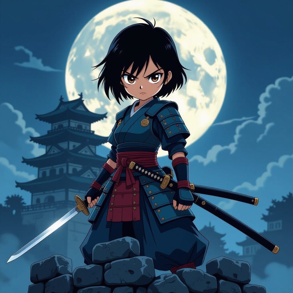 Anime Warrior on Castle in Moonlight, Ghibli-esque Style