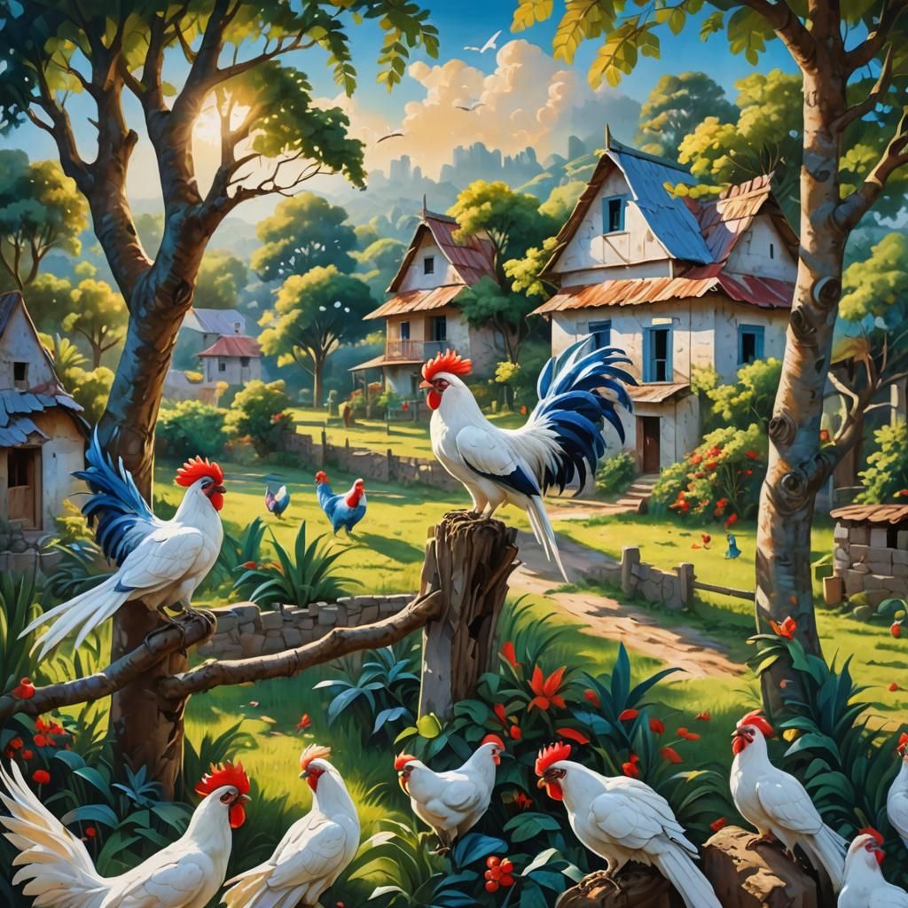Roosters and Parrots in a Village, Oil Painting