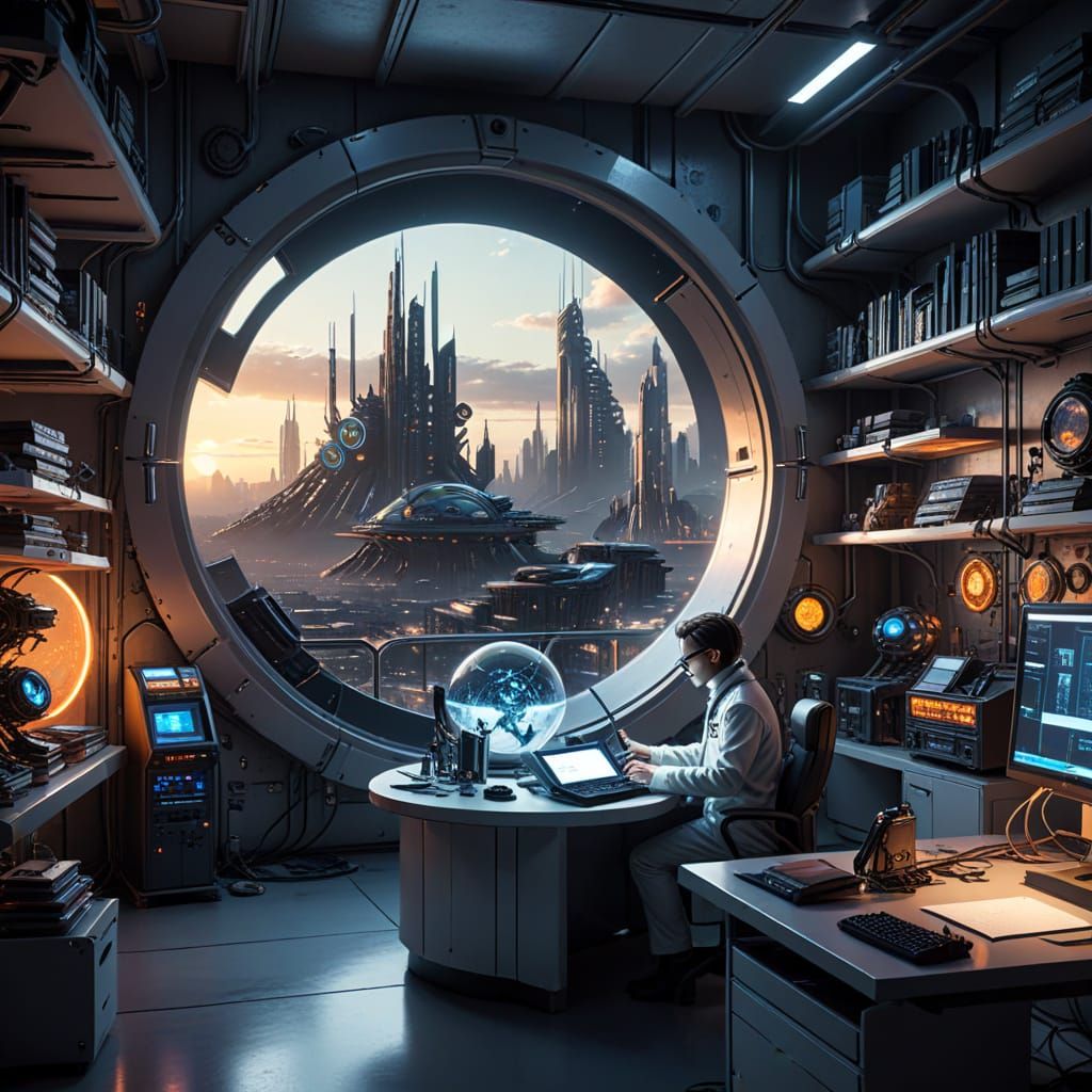 Futuristic Laboratory in Cyberpunk Cityscape at Sunset