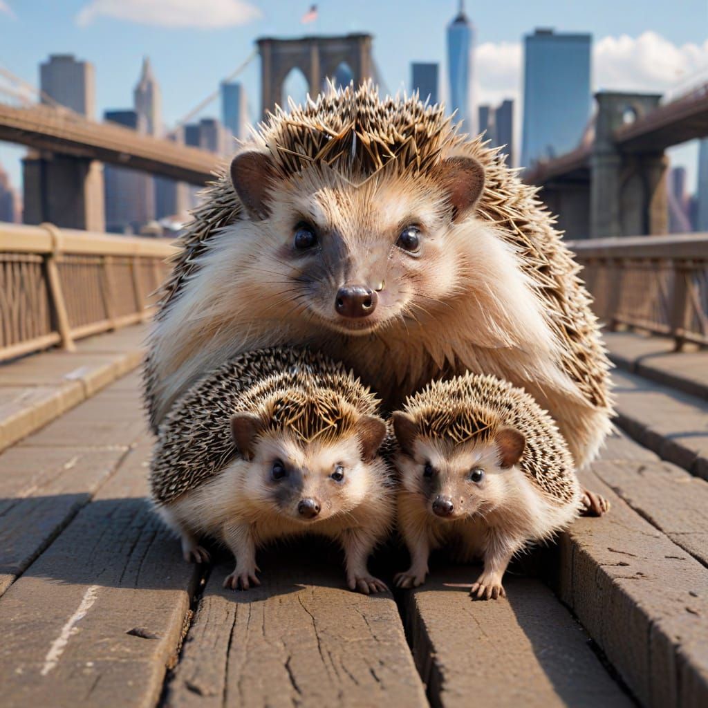 Hedgehog Family on holiday in New York at Brooklyn Bridge   by @Neelix