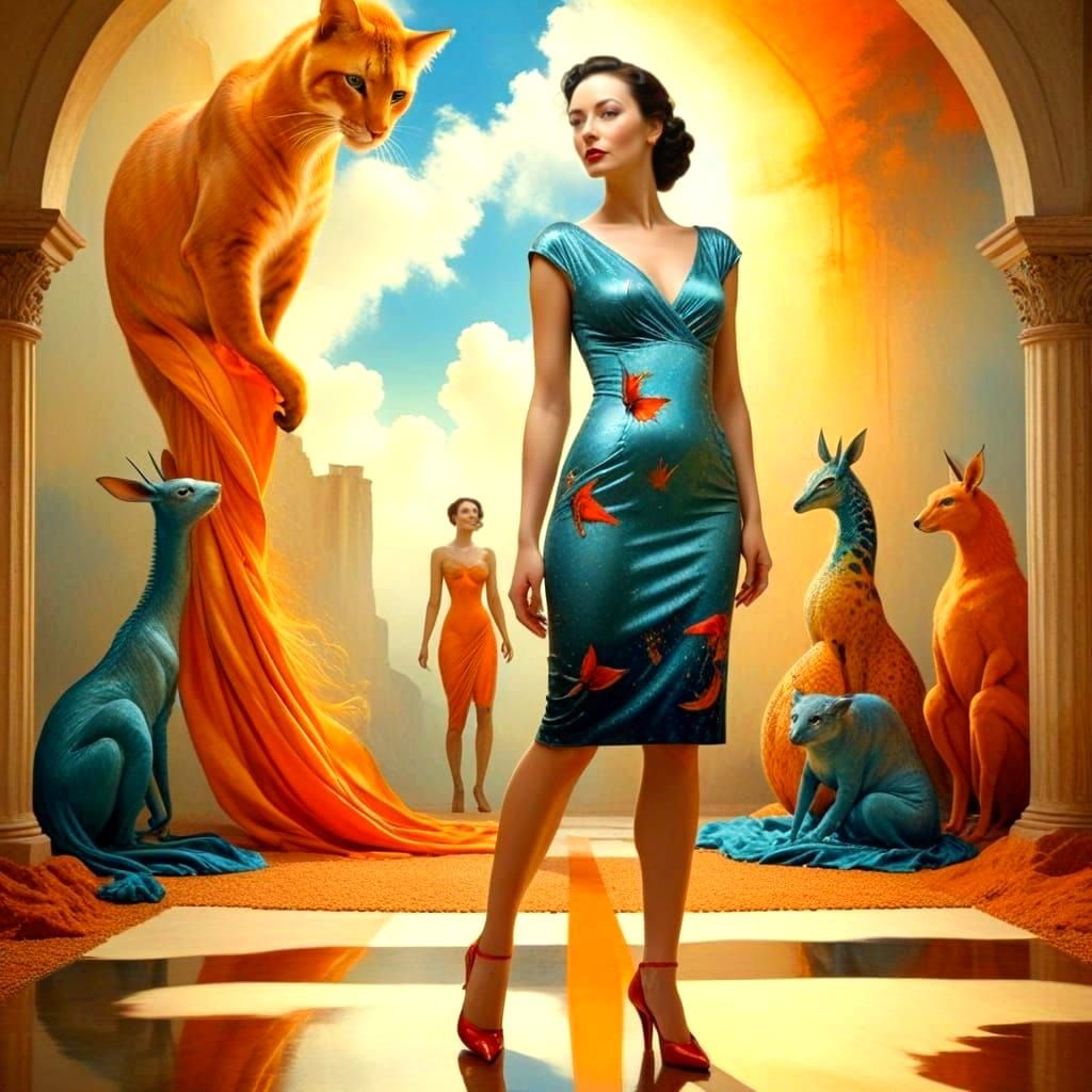 Extravagant Woman with Surreal Animals in Vibrant Scene
