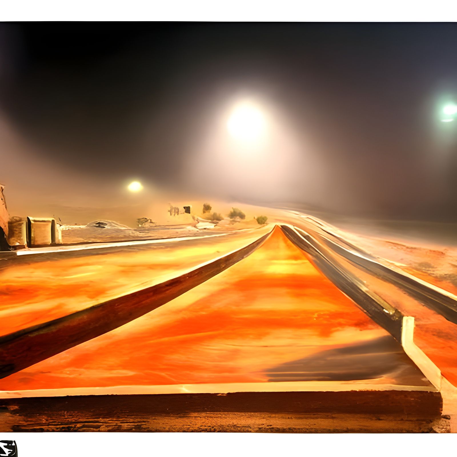 Highway at night in the desert foggy hyperrealism