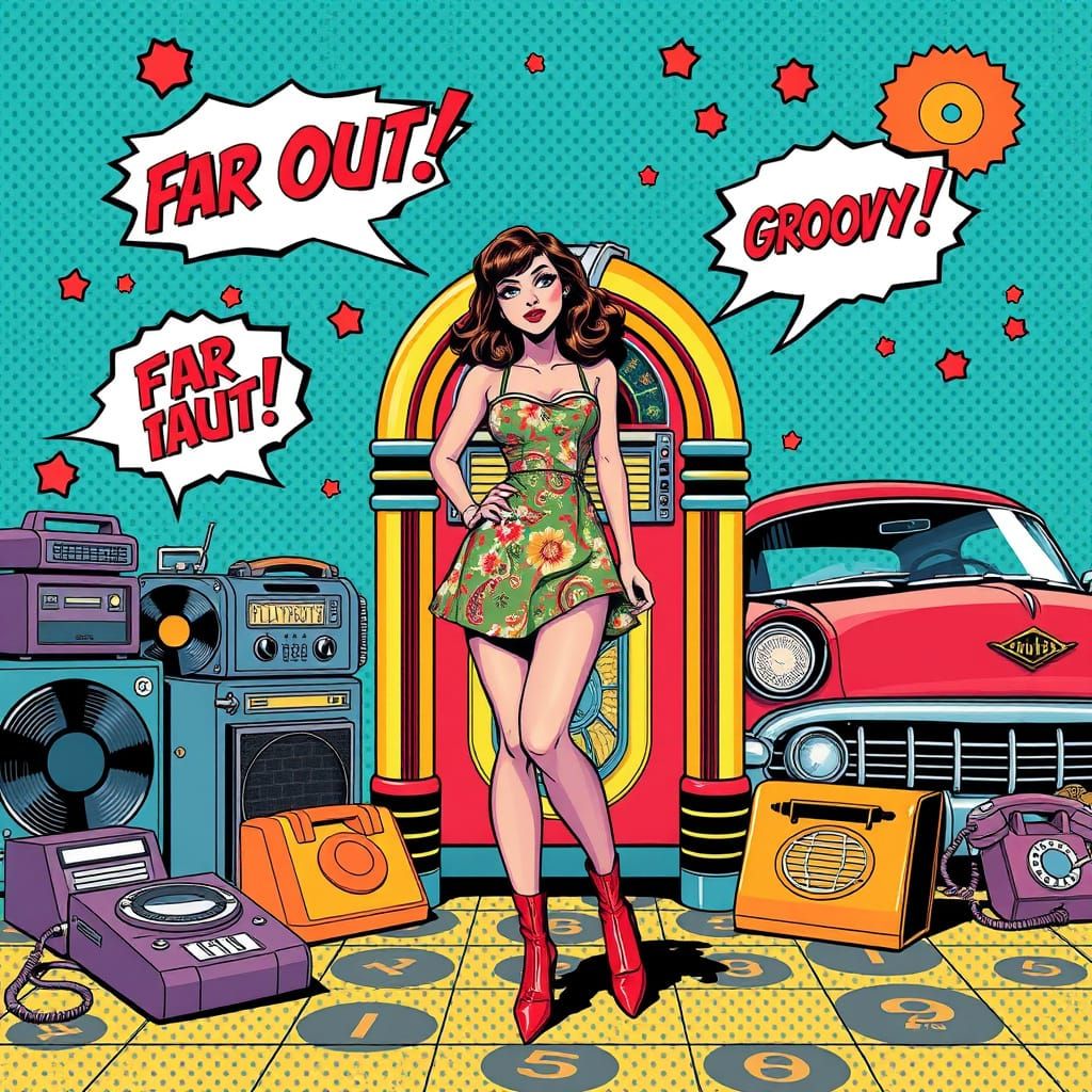 A vibrant pop art illustration inspired by 1960s nostalgia. The artwork features bold colors, halftone ...  by @Manne