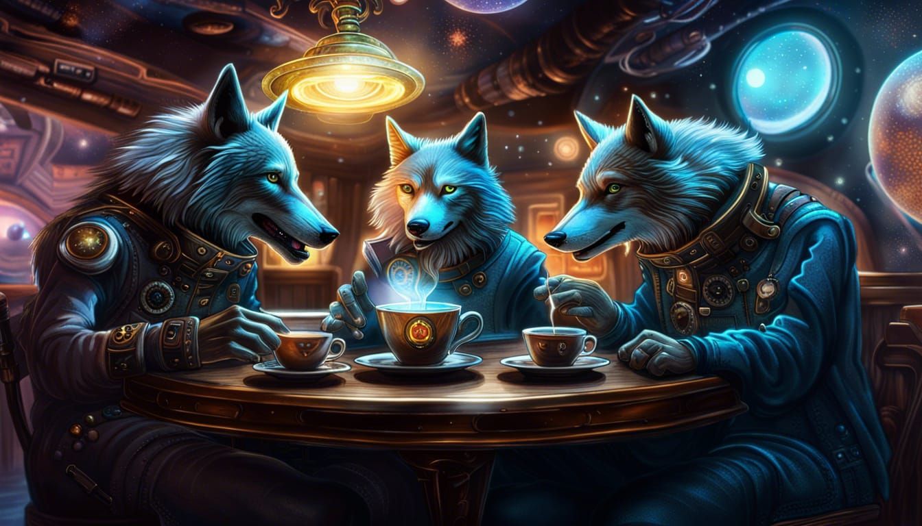 Wolf gossip in a cafe  by @Ksusha Rudackova