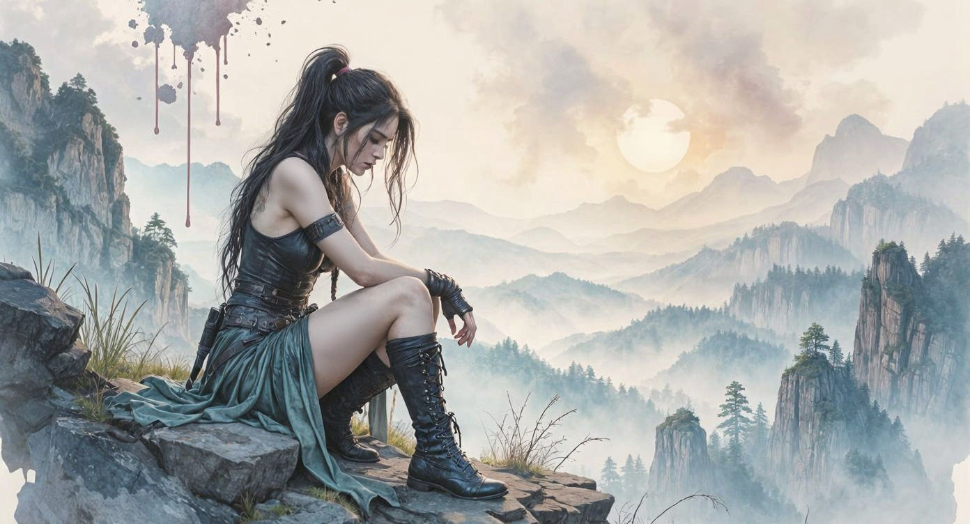A beautiful  female warrior, , sits on a rocky outcrop ....  by @The forest princess