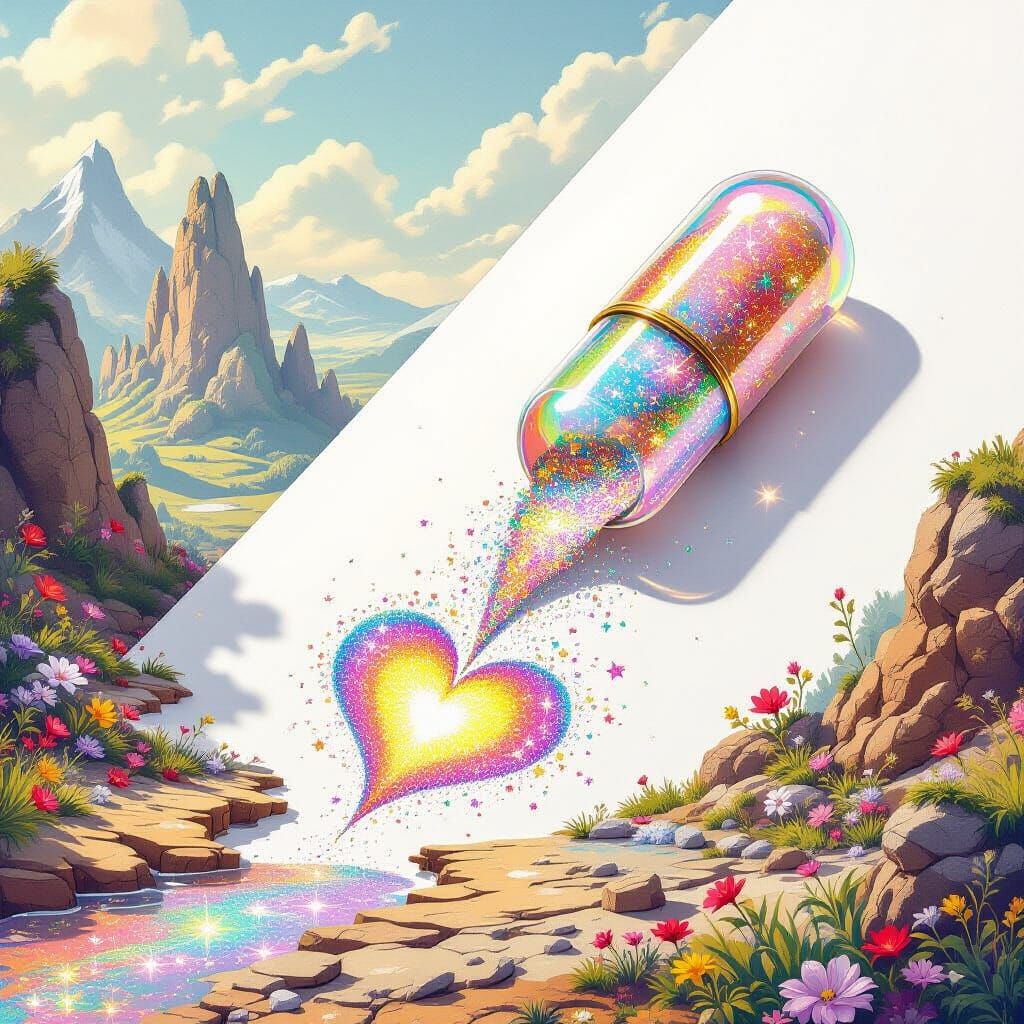 A small capsule filled with colorful glitter that spills onto a mixed landscape.