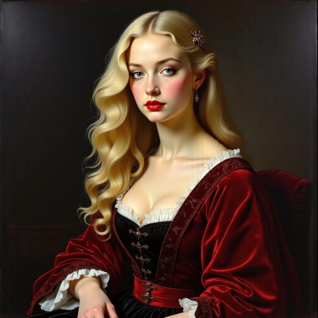 <lora:Corte espanola:1.0> A blonde long haired aristocratic female noble mother and daughter. dark room . White silk.background. Clouds. Fac...