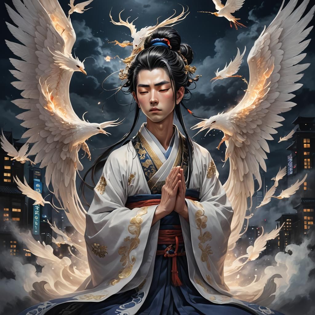 A captivating scene of a male onmyoji, dressed in traditional attire ...