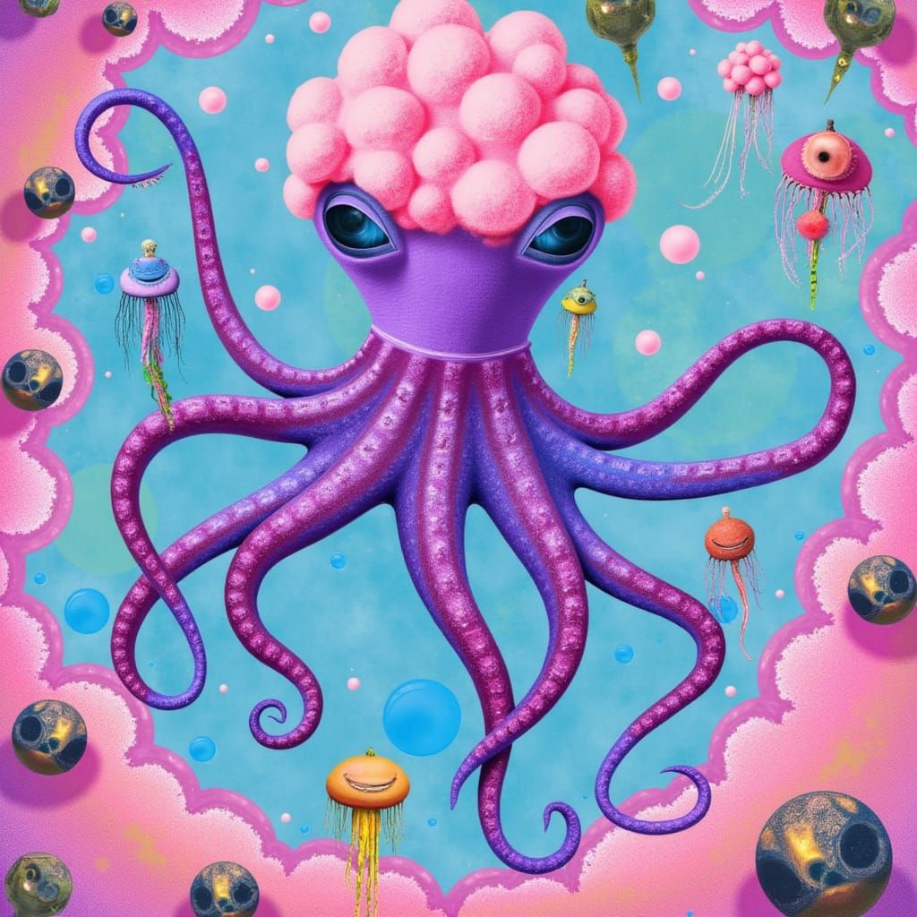 <lora:mmcollage:1.0> A whimsical, iridescent purple octopus alien, its eight arms waving in joyful abandon, hovers amidst a swirling bubbleg...