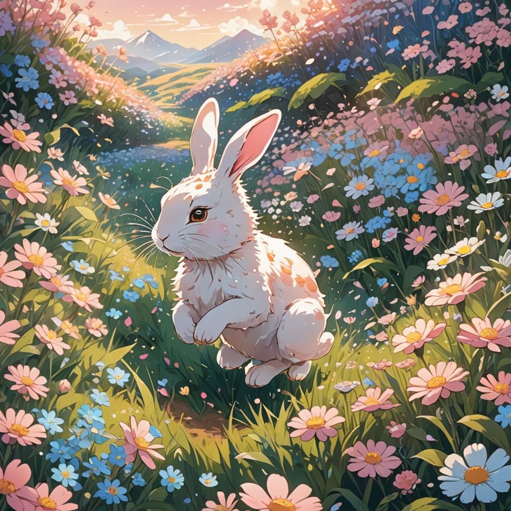 Excited Rabbit Runs in Fantastical Anime Floral Field