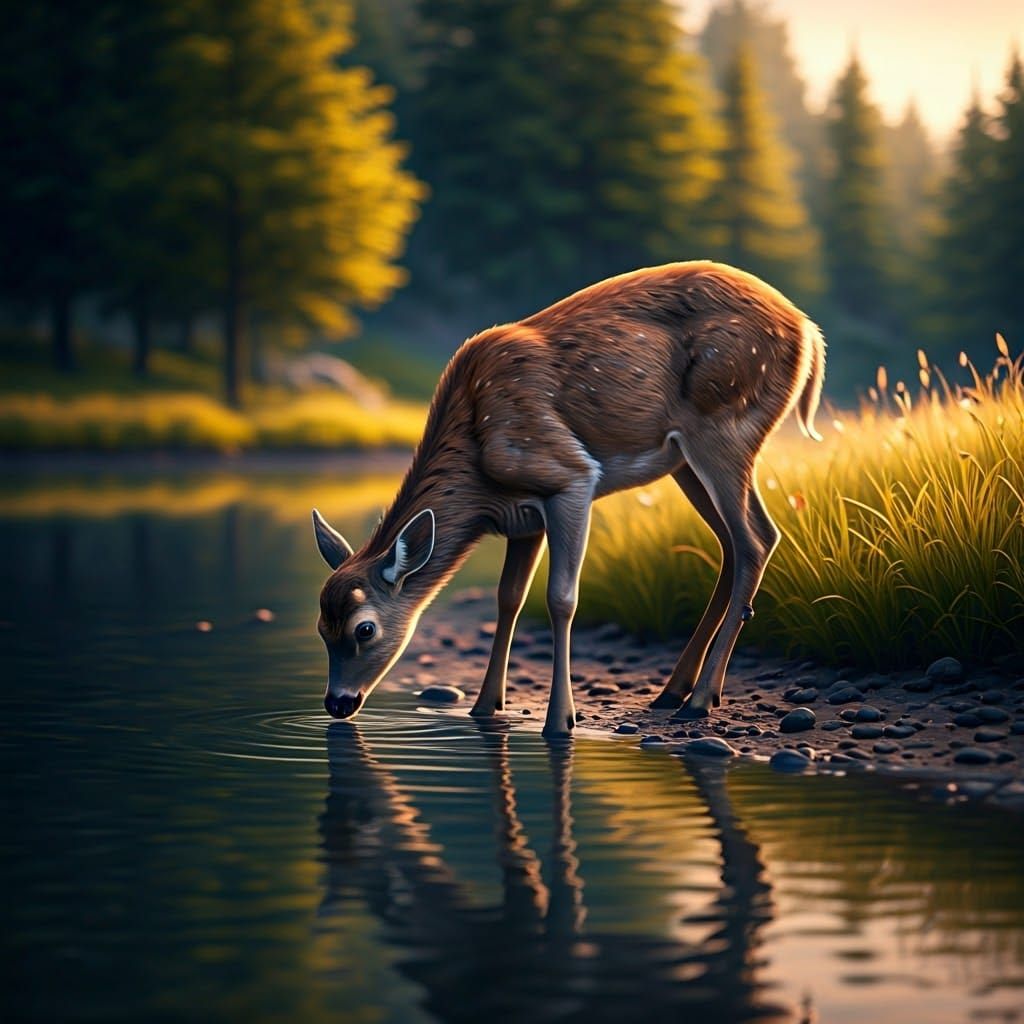Serene Deer in Golden Hour Reflections