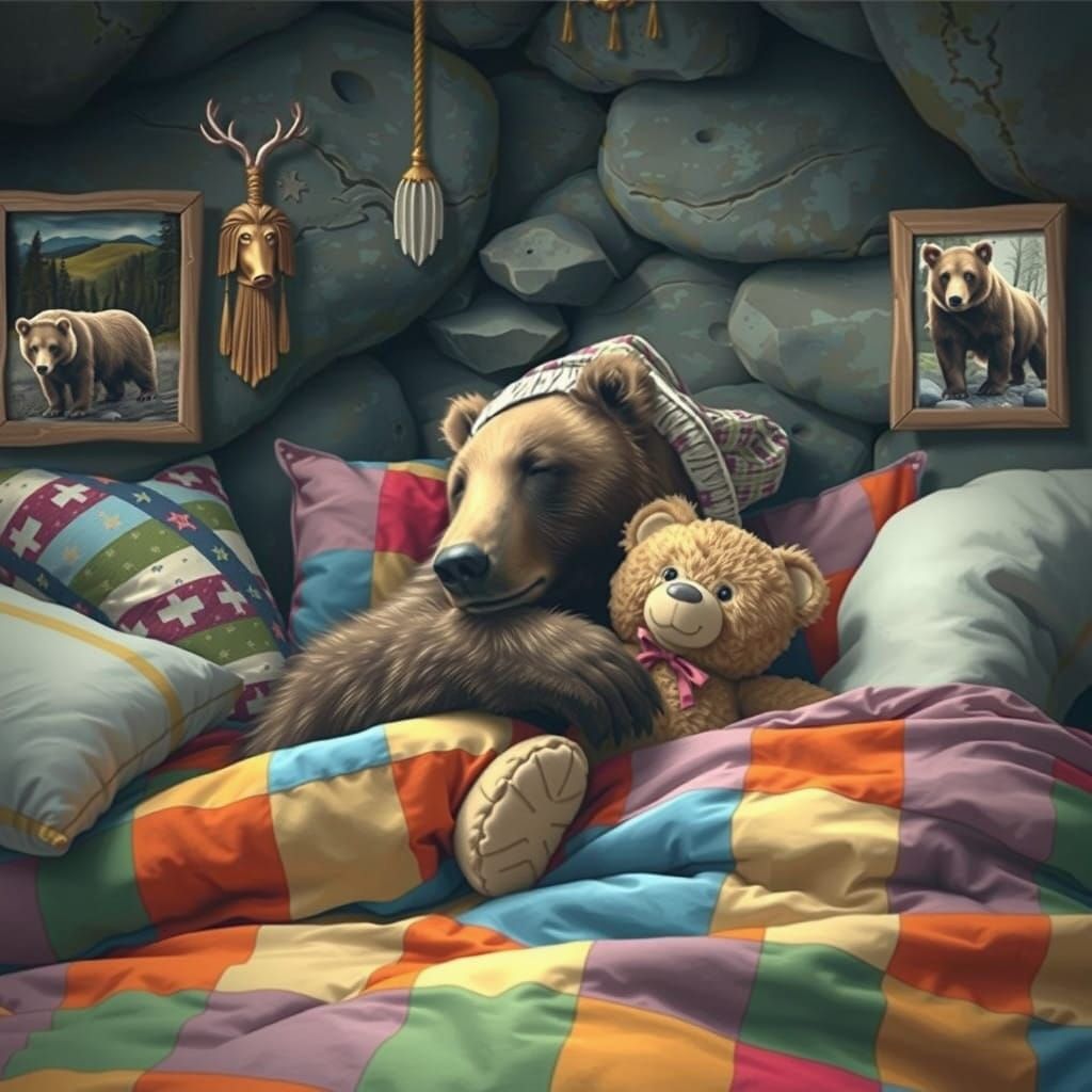 Snuggled up with Teddy, Bear has finally fallen asleep in his new cave.  by @Hannah