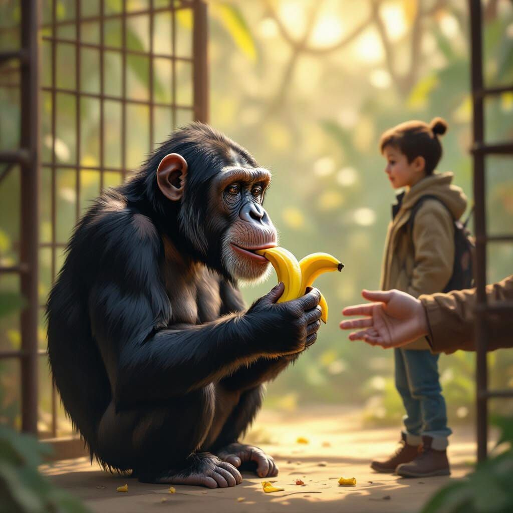 Chimpanzee Offers Banana to Passerby in Realistic Digital Ar...