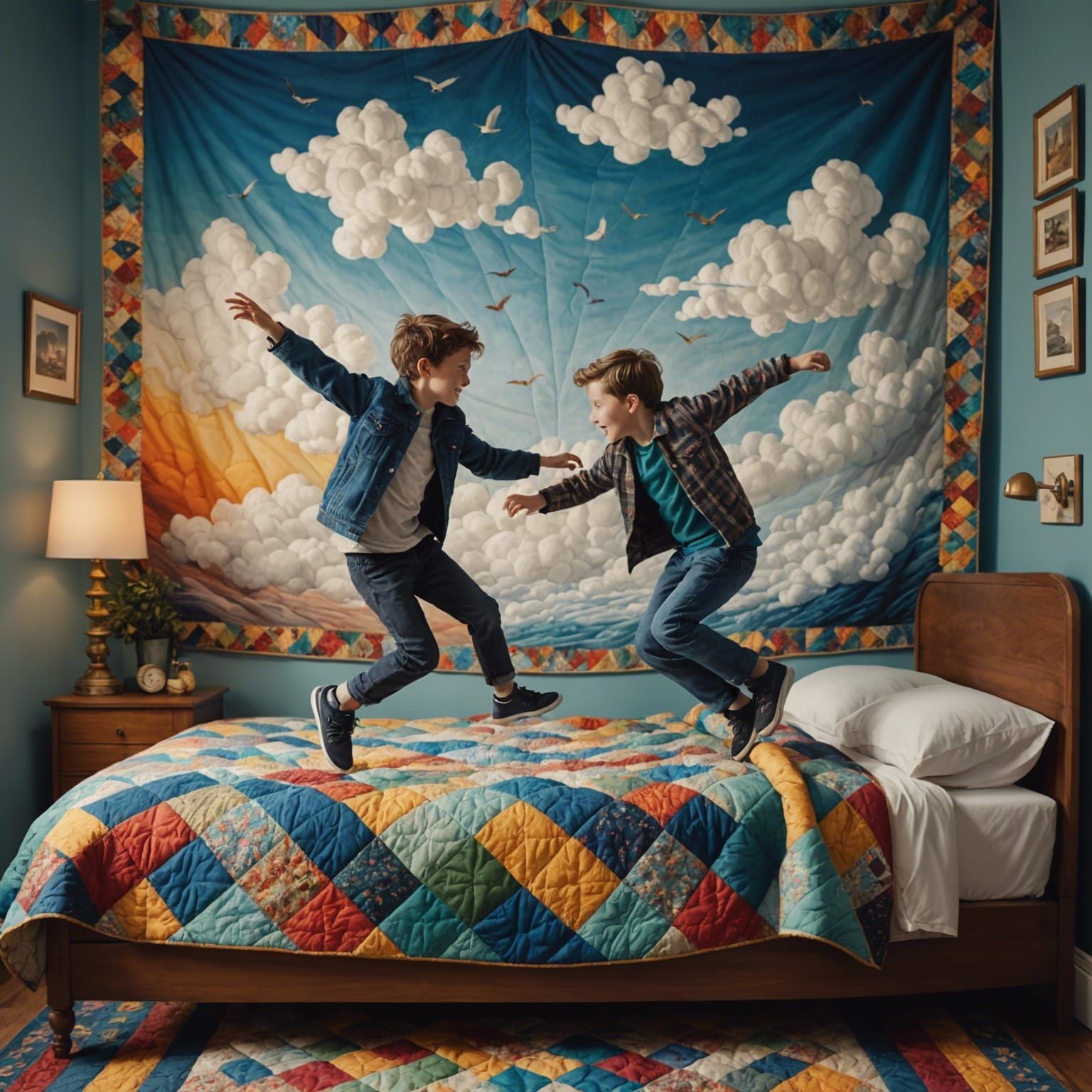 Magical realism. Two boys bouncing on a bed. The intricate q...