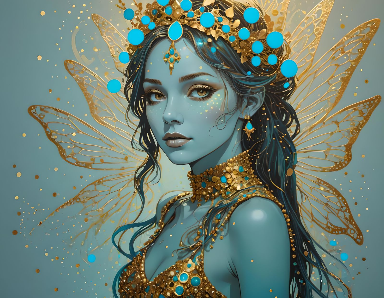 Psychedelic Fairy Queen in Gold and Cyan