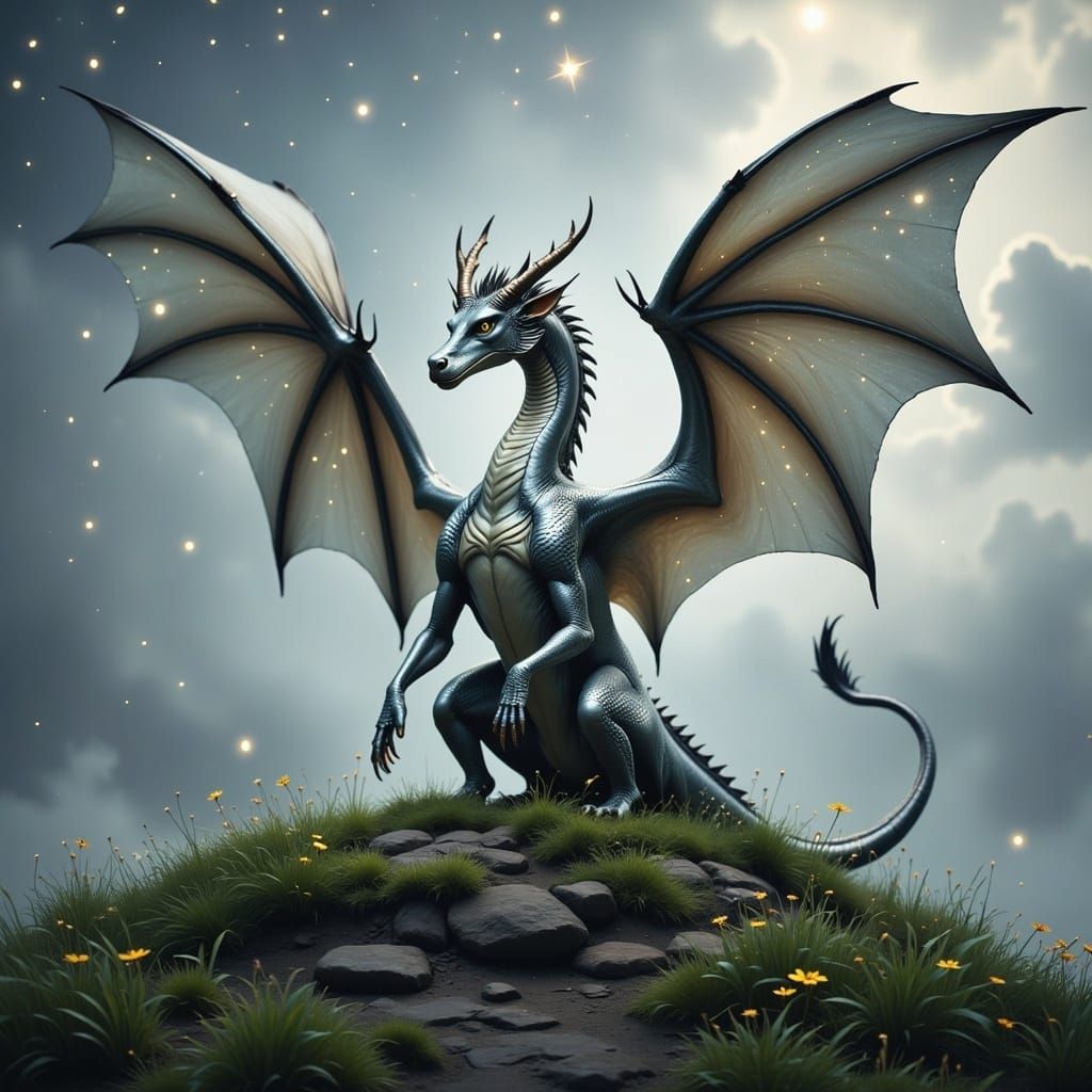 <lora:Fairy Lights Flux:1.0>  A silver dragon with two large symmetrical scaly wings unfurled, on a hill top
