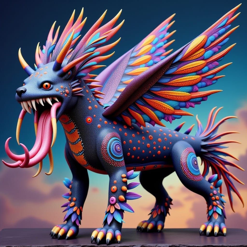 axolotl-wolf-phoenix Hybrid creature <lora:Alebrije Creatures:1.0> long sharp teeth 