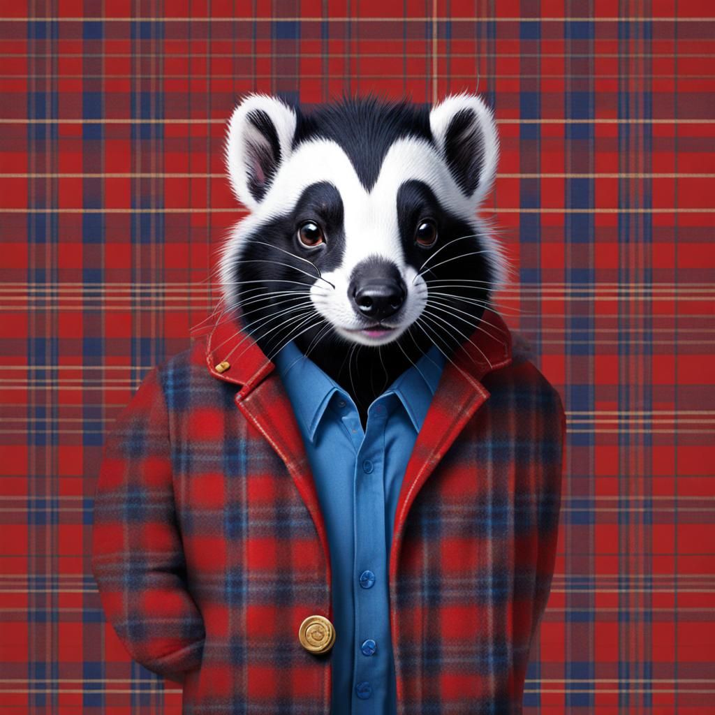 a skunk dressed in red and blue plaid