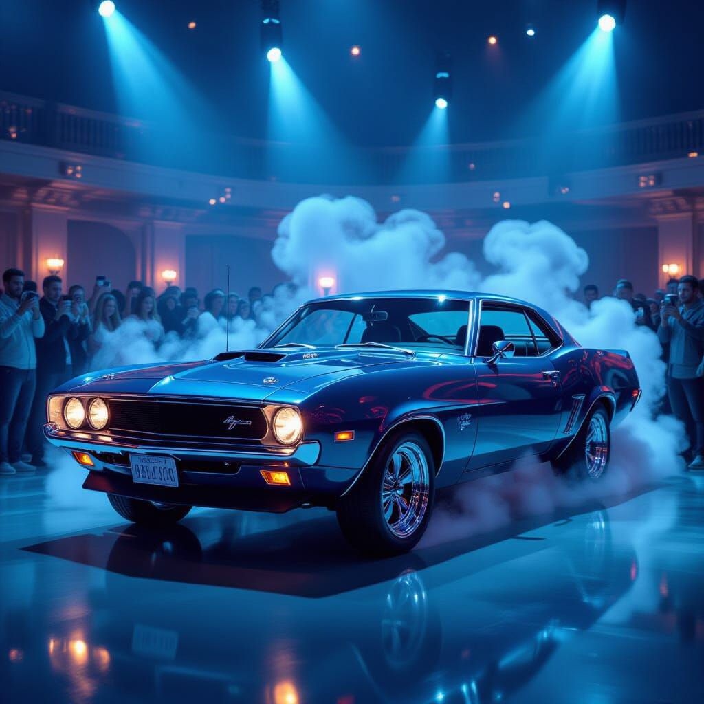 A luxurious, powerful muscle car displayed on a manufacturer’s stand under bright show lights. The car gleams with polished chrome and deep ...
