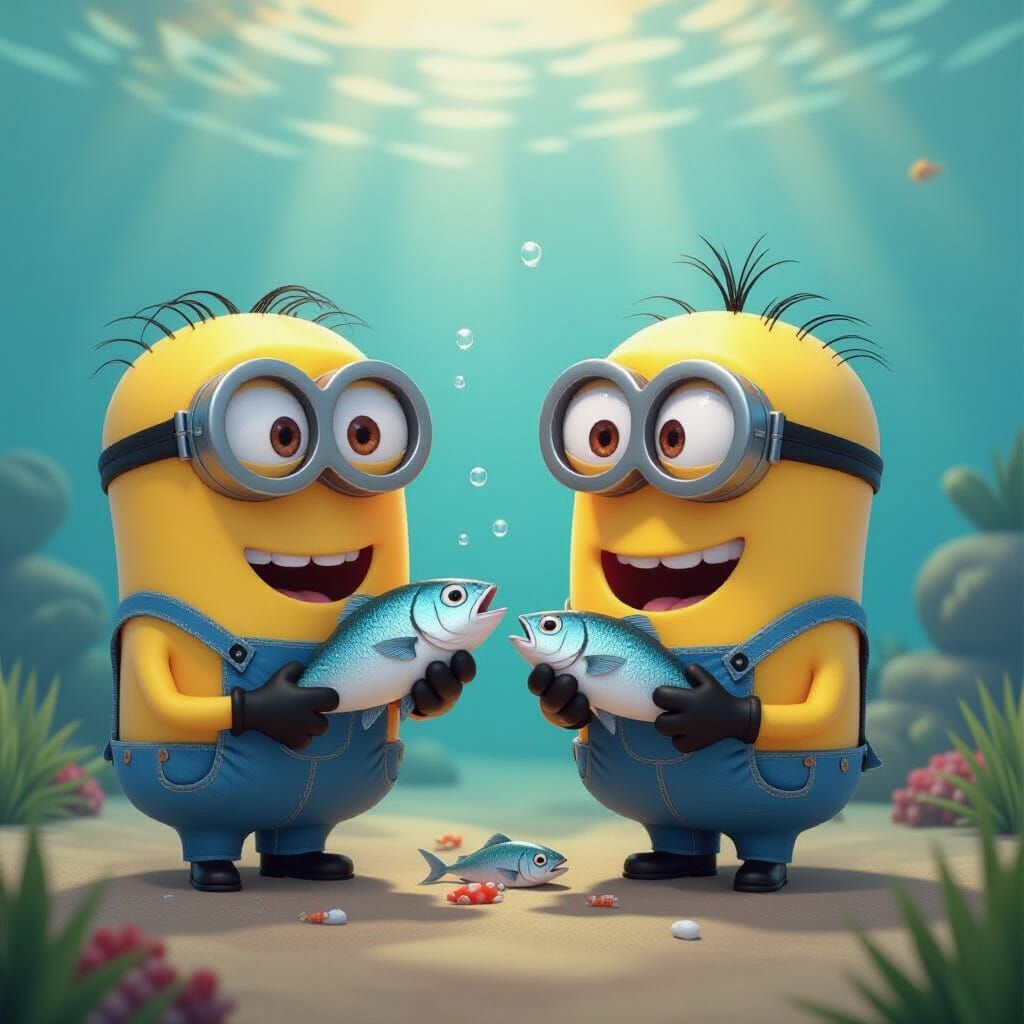 מיניונים אוכלים דגים ובנוף לידם מיניונים אוכלים בשר שאסור