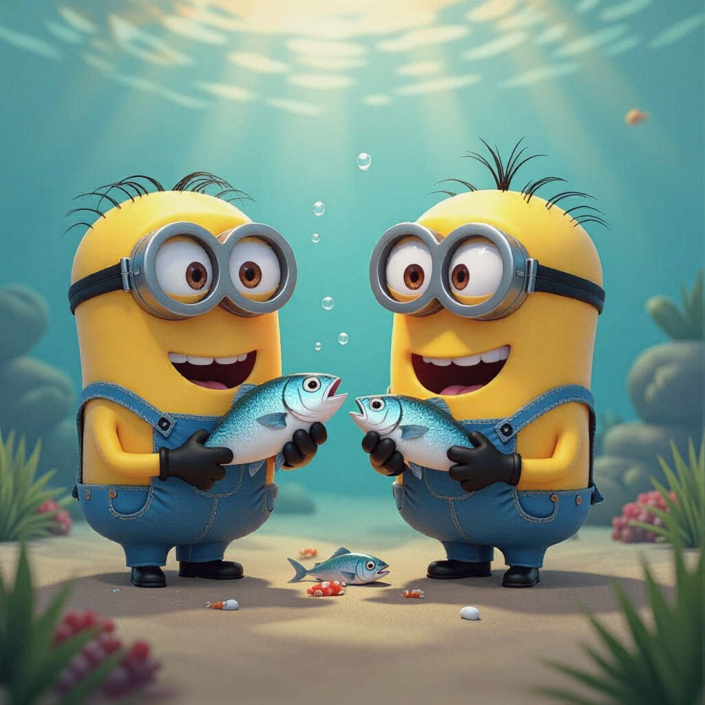 Minions Eating Fish in Pixar-Inspired 3D Render