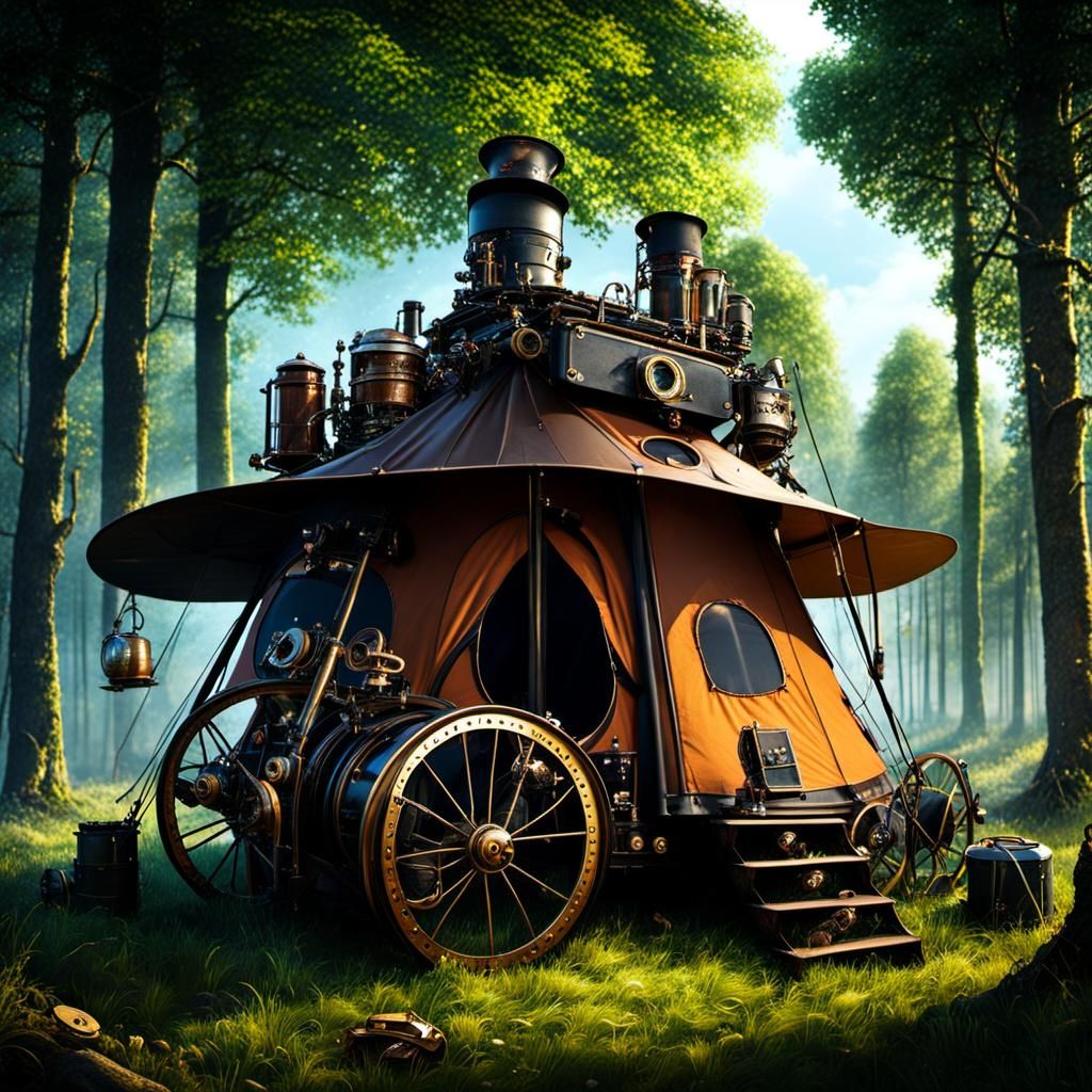 A very extravagant looking camping tent sits in the middle of a clearing with a lot of gadgets attached ...  by @caprandom