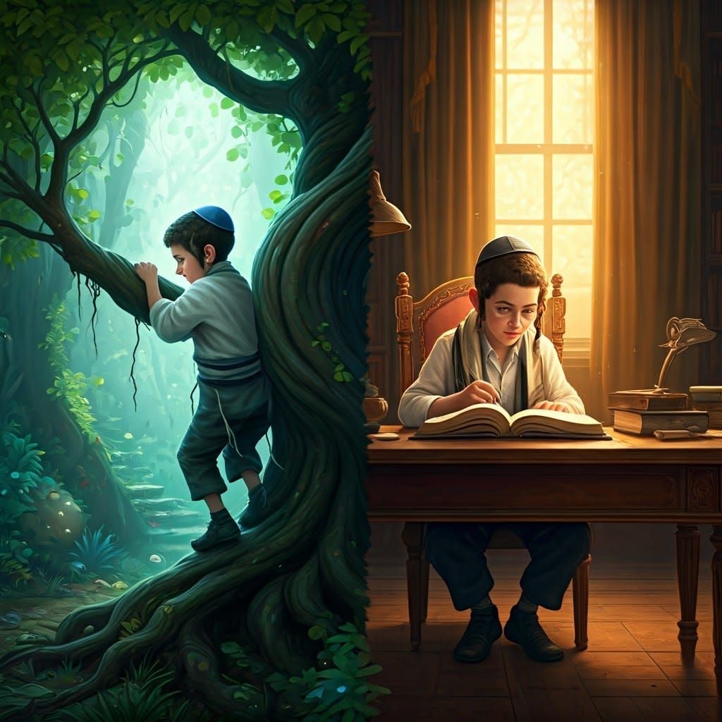 Orthodox Jewish Boy in Dichotomous Scene: Whimsical Playful....