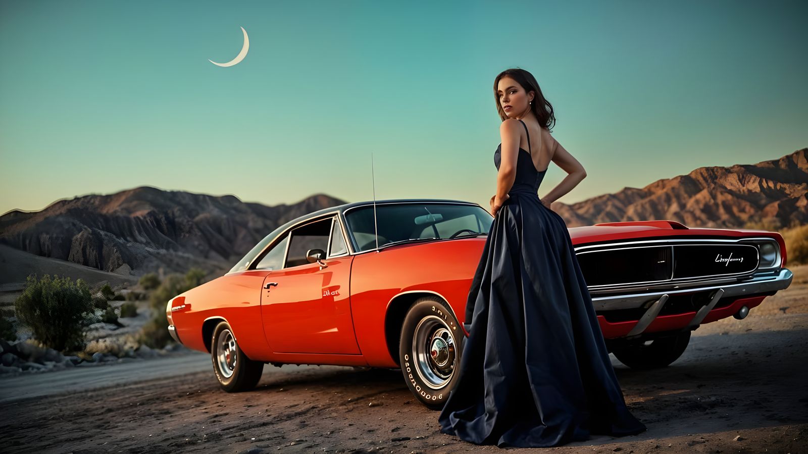 A brunette, ballroom dancer standing next to a candy apple red speedster.  by @Macbeth