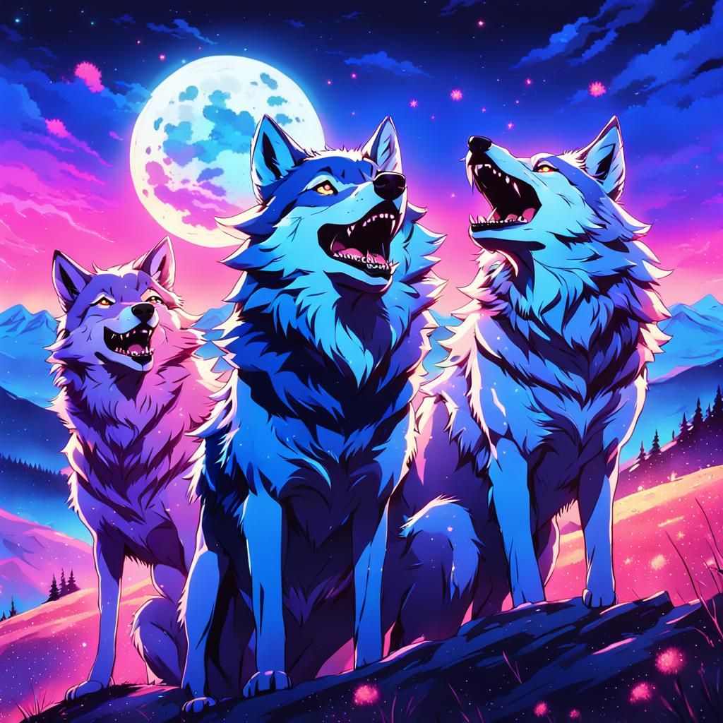 Anime Wolves Laughing Under the Moon