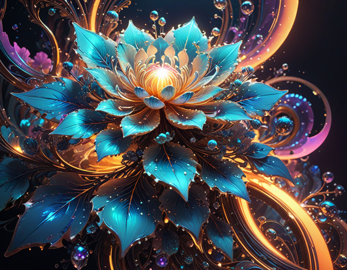 Vibrant, dreamlike scene of bioluminescent surreal blooms and swirling fractals in the style of Alphonse ...  by @Missysmom