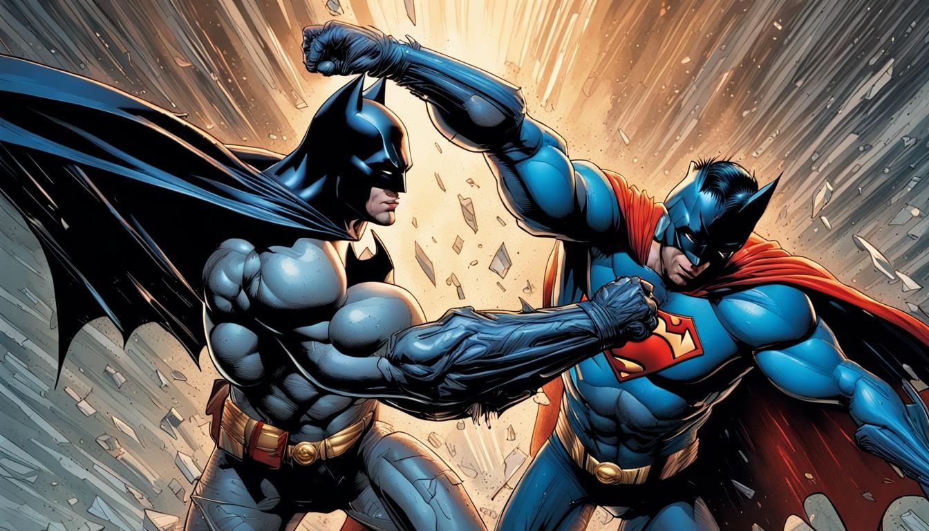Batman fighting Superman Hyperrealistic, splash art, concept...