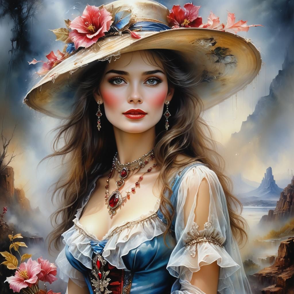 Portrait of a stunning captain with the face of Lois Lane, beautiful blooming landscape in Impressionism ...  by @Gaby