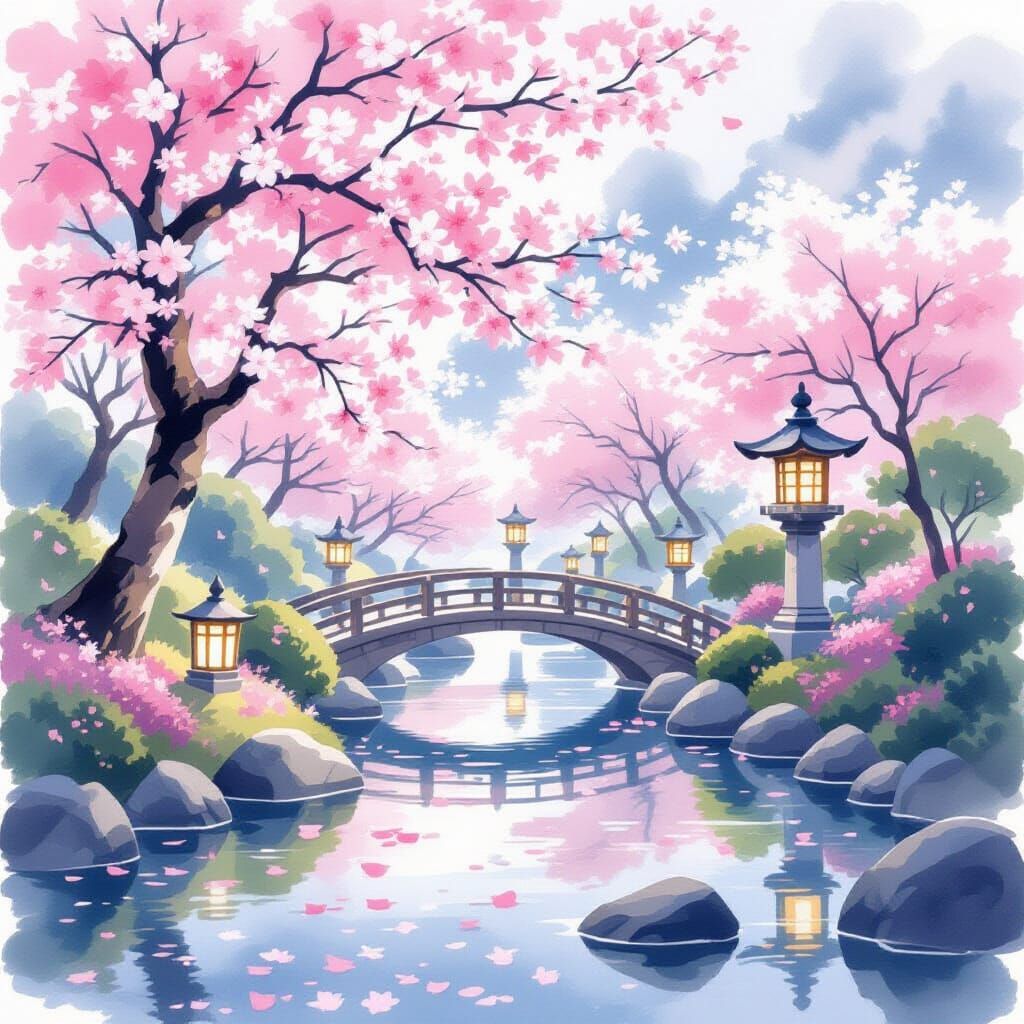Serene Japanese Garden with Cherry Blossoms and Soft Lantern...