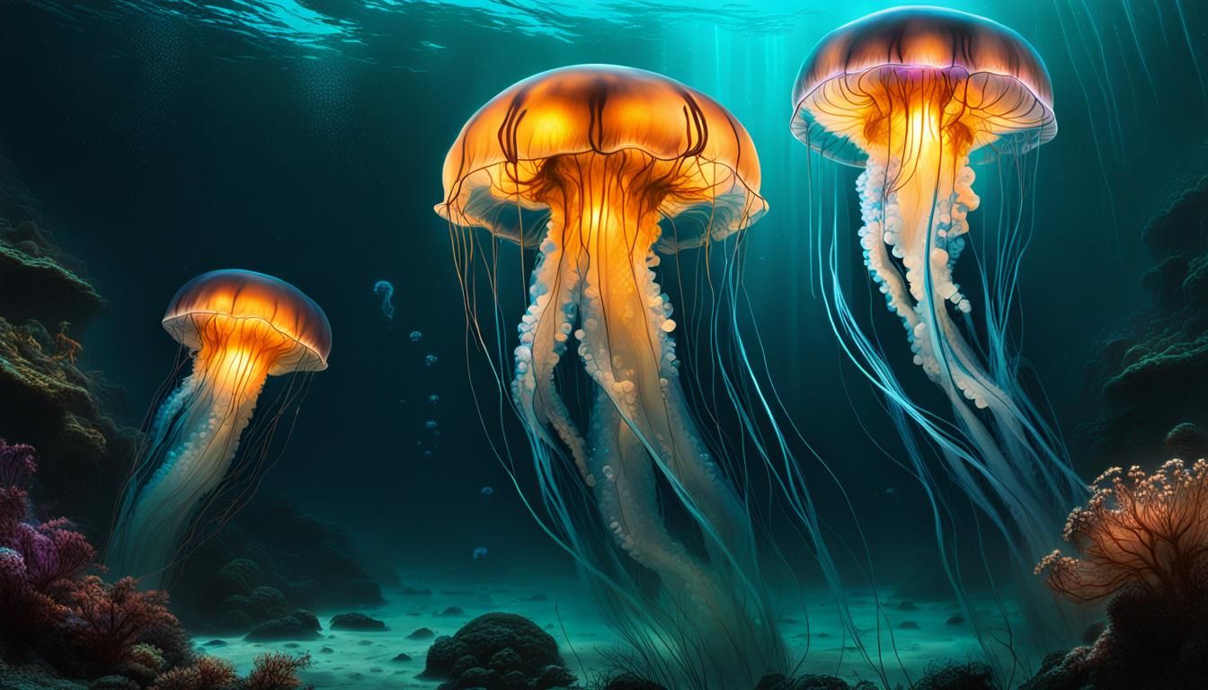 bioluminescent jellyfish. Max DPI. horde lighting up the dee...