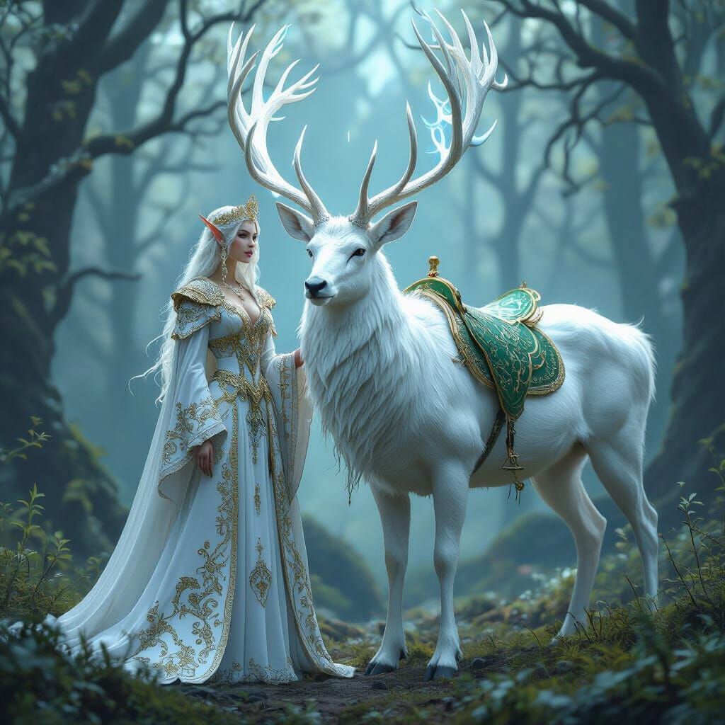 in an eldritch forest. a large white stag with white gleaming ivory antlers. Fur sparkling with blue ...  by @Khumbu