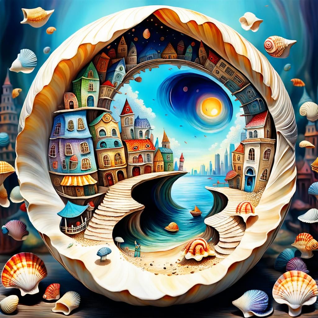 There Is a Shell, when you open it, inside The Shell  is a Tiny happy city. Fantastic, creatires, creative, ...  by @Jose