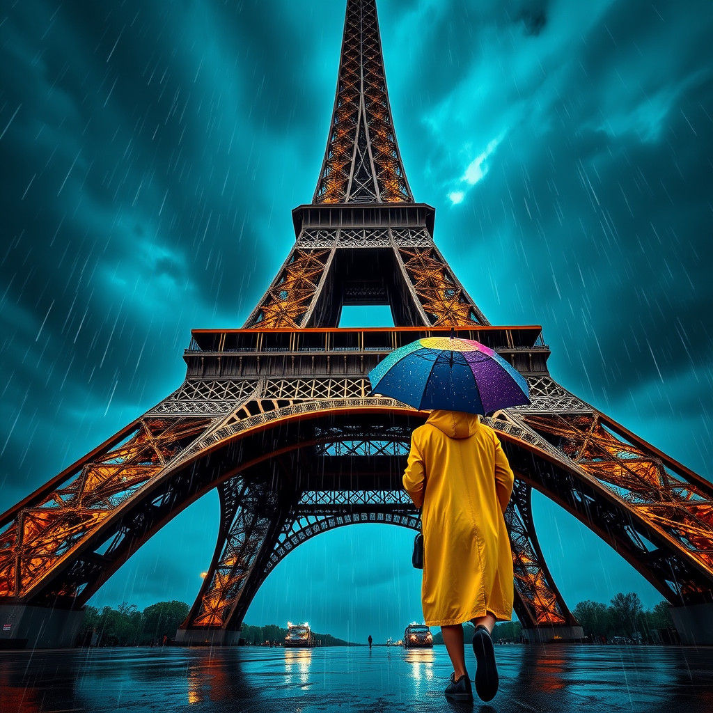 a tourist pasting walk the Eiffel tower on rainy  by @ I love 1 4