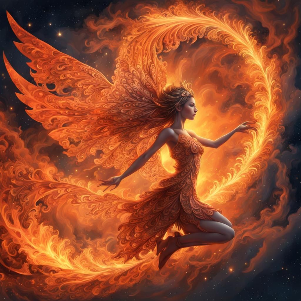 A Beautiful Fire Fairy Flying Through The Night Sky   by @MidnightArtCafe