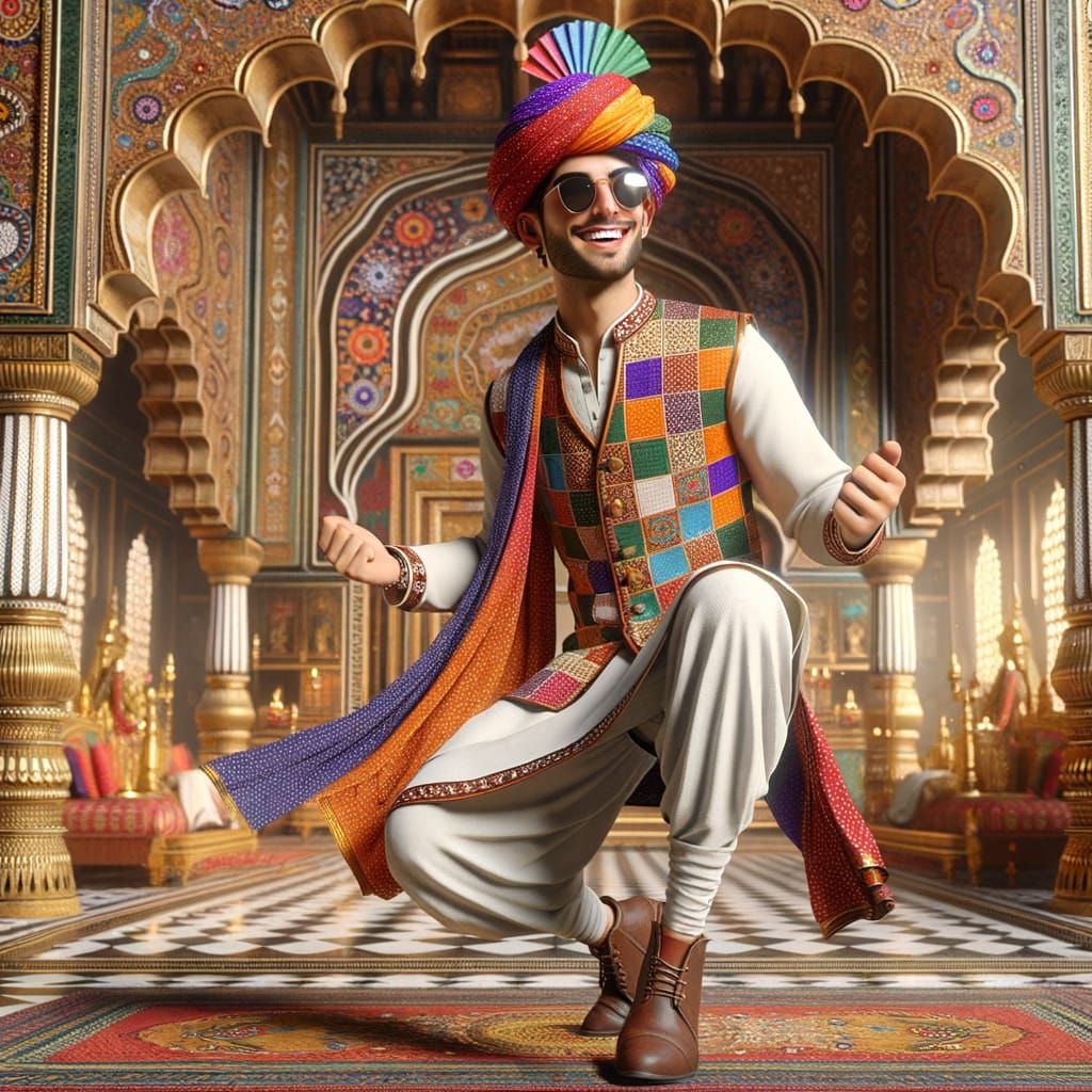  “A young Indian man wearing a colorful traditional Rajasthani outfit: multicolored patchwork printed waistcoat, white kurta pajama, and a m...