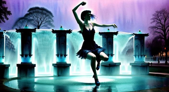 (Jump:1.3) : (jumping into water fountain:1.2) epic dreamy e...