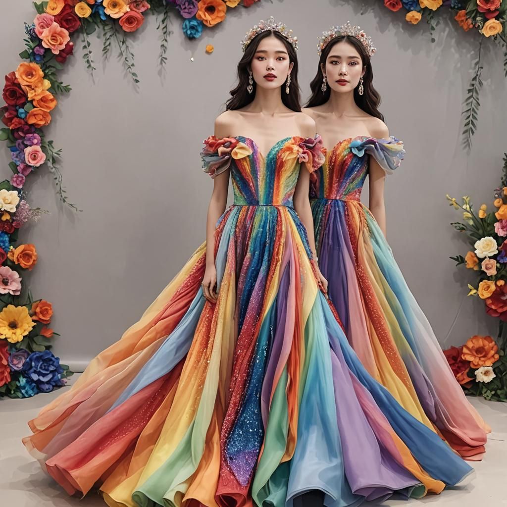 A beautiful girl wearing a gown made in rainbow,