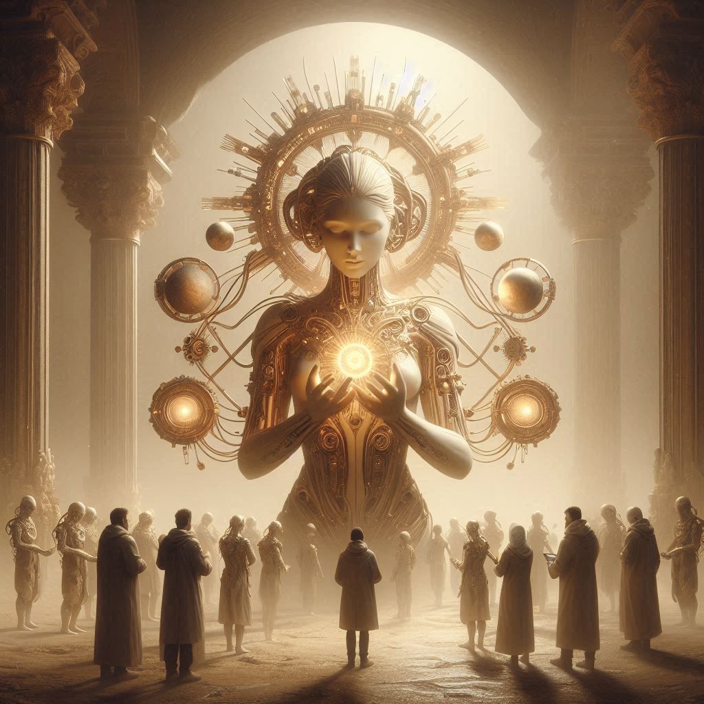 majestic transhumanist woman sculpture